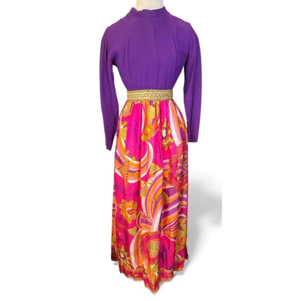 VTG 70s Maxi Dress Gown Sz XS Purple Gold Pink Groovy Cher Cosplay Retro Barbie